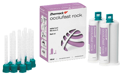 OCCLUFAST ROCK (PER MISCELAZIONE MANUALE) Confezione: 2 x 50 ml cad. + 12 puntali miscelatori bianchi Pasta Seconda Impronta - OCCLUFAST ROCK (PER MISCELAZIONE MANUALE) Confezione: 2 x 50 ml cad. + 12 puntali miscelatori bianchi